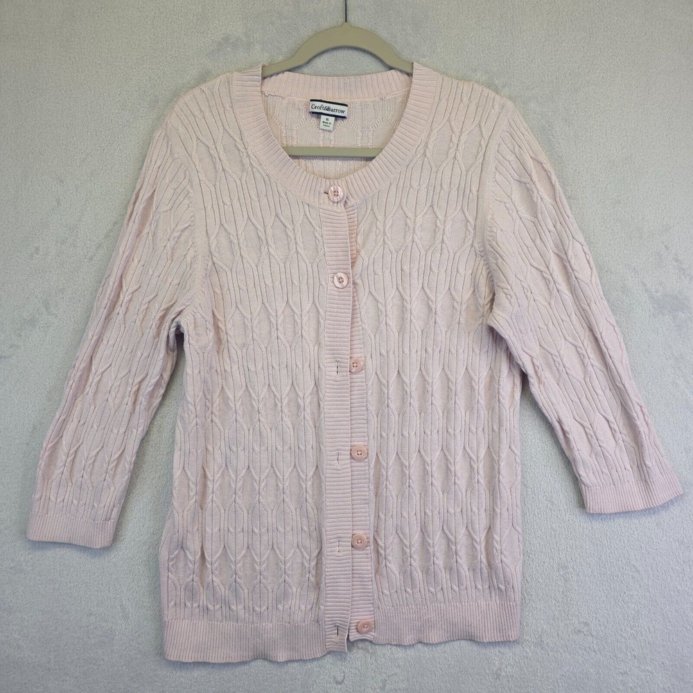 Croft and Barrow Cardigan Women XL Pink Button Up Cable Knit Cottagecore Coastal